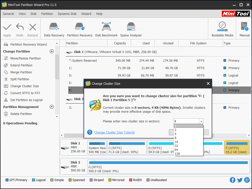 escolha um tamanho de cluster para a partição alvo