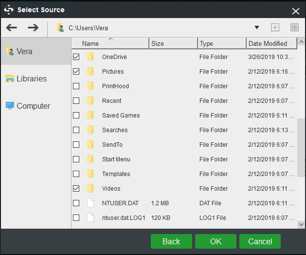 escolha os arquivos para fazer backup