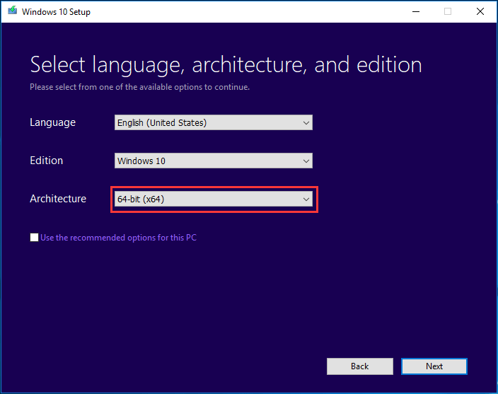 escolha 64 bits para arquitetura