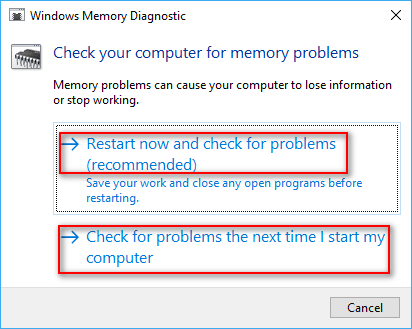 Opções de diagnóstico de memória do Windows