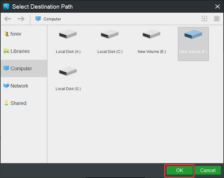 escolha o destino de backup