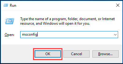digite msconfig e clique em OK para continuar