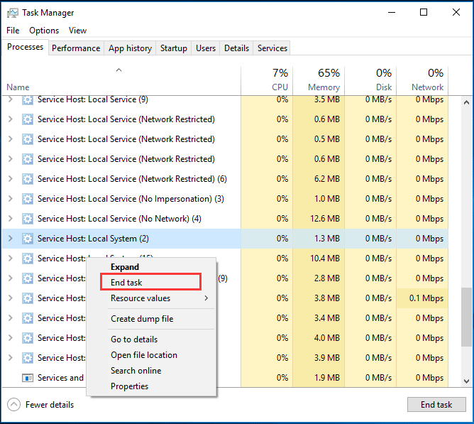 desative o Host de Serviço: Sistema Local para continuar