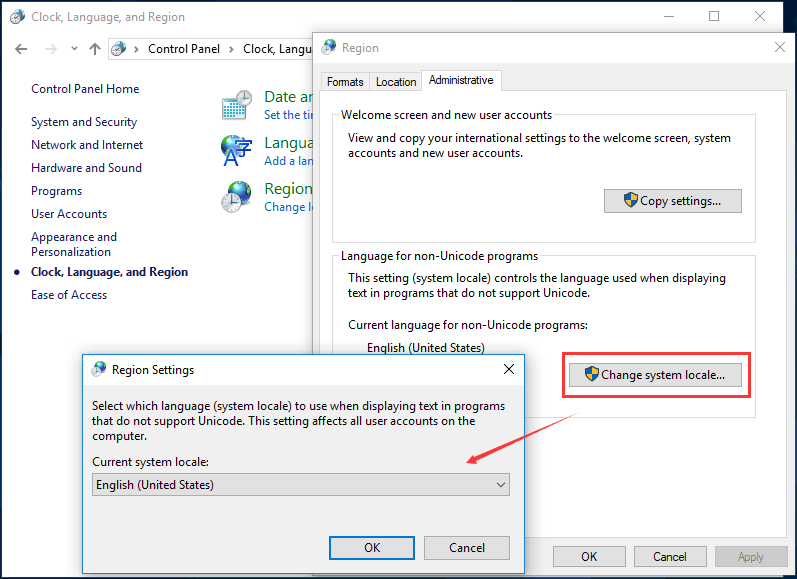 alterar a localidade do sistema para inglês