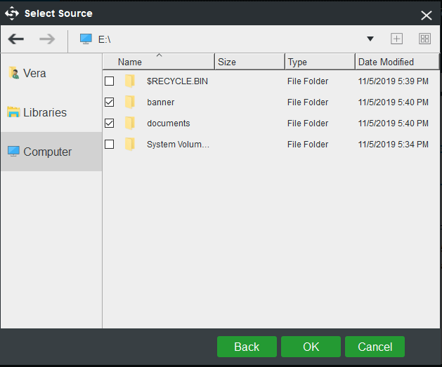 escolha os arquivos para fazer backup