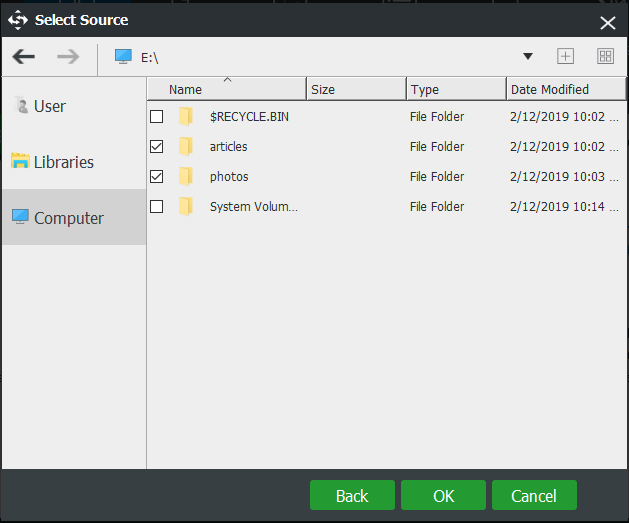 escolha a fonte de backup