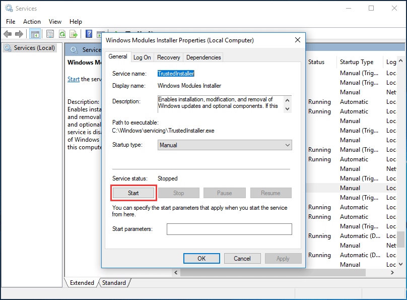 iniciar o instalador de módulos do Windows