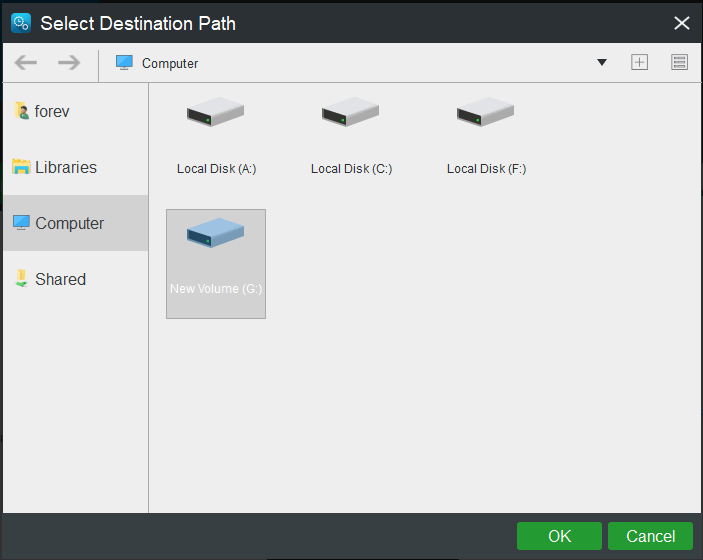 selecione o destino de backup