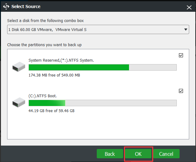 selecione a fonte de backup