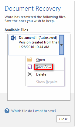 available files in Microsoft Office Word