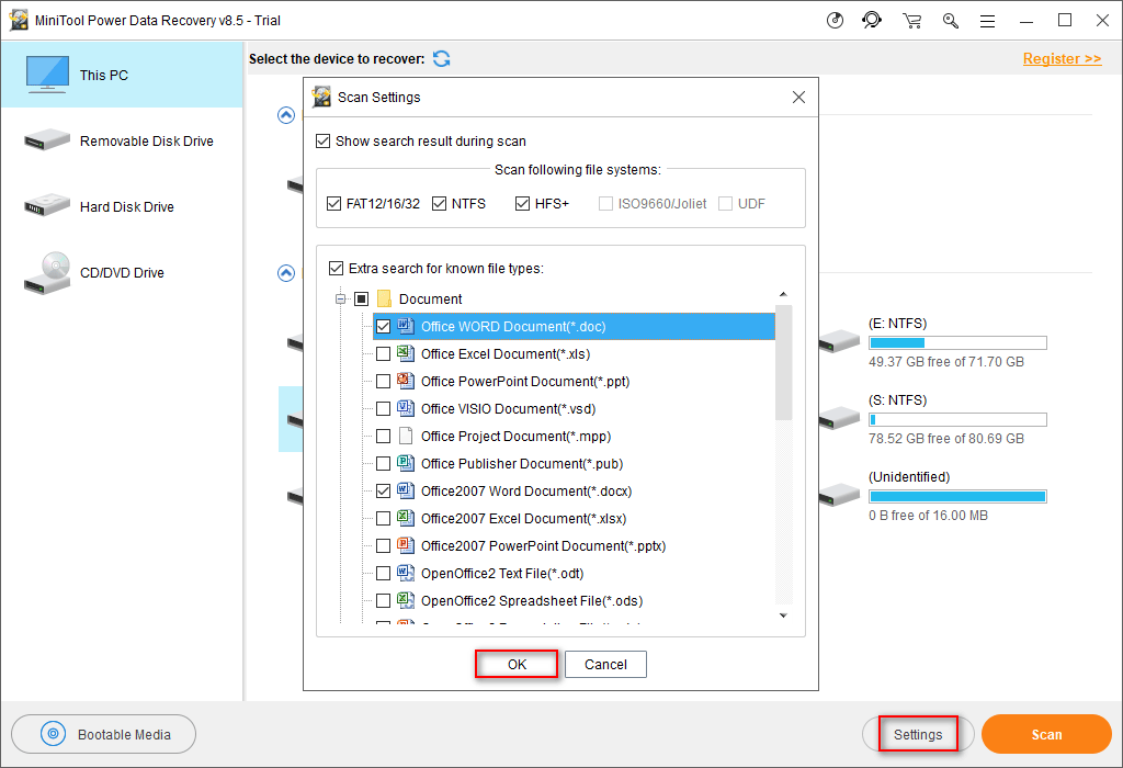 Botão de configurações