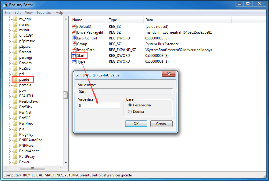 alterar os dados do valor pciide para 0 no Windows 7