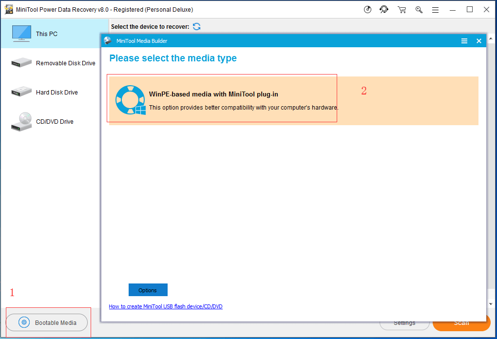 clique em mídia baseada em WinPE com plug-in MiniTool