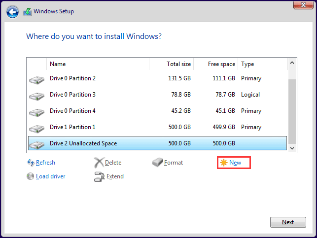 crie uma partição antes de instalar o Windows