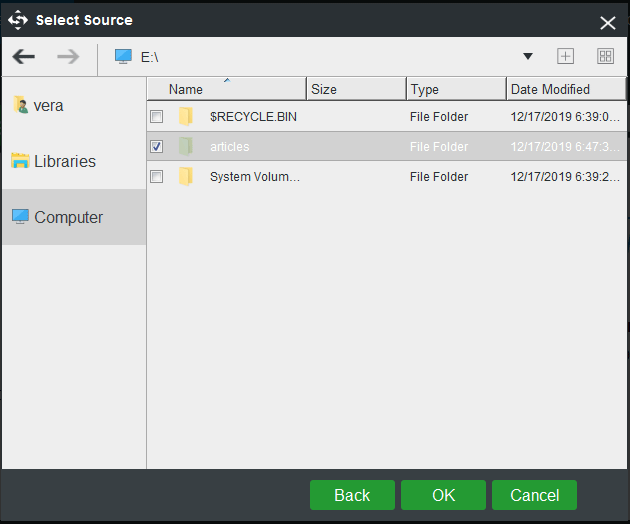 escolha os arquivos para fazer backup