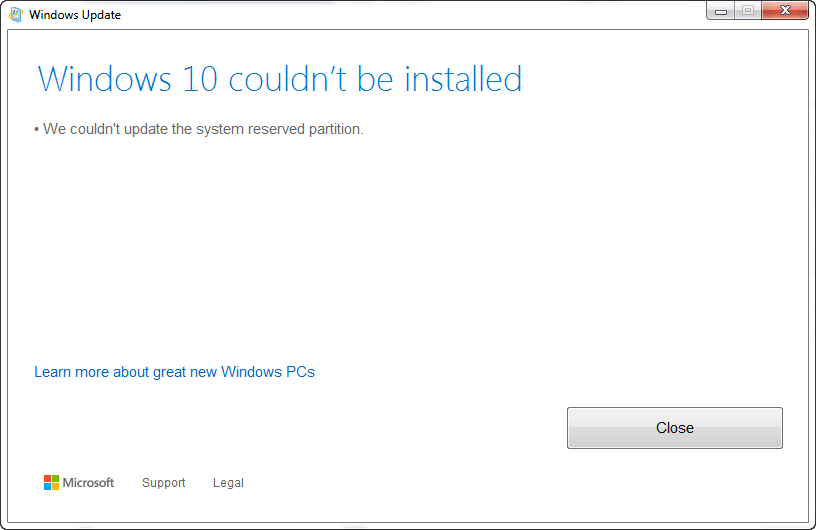 O Windows 10 não conseguiu atualizar a partição reservada do sistema