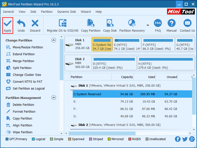 clique no botão Aplicar para finalizar a extensão do sistema