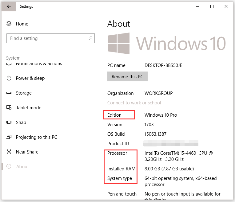 verifique a versão do Windows e seu tipo, CPU, RAM