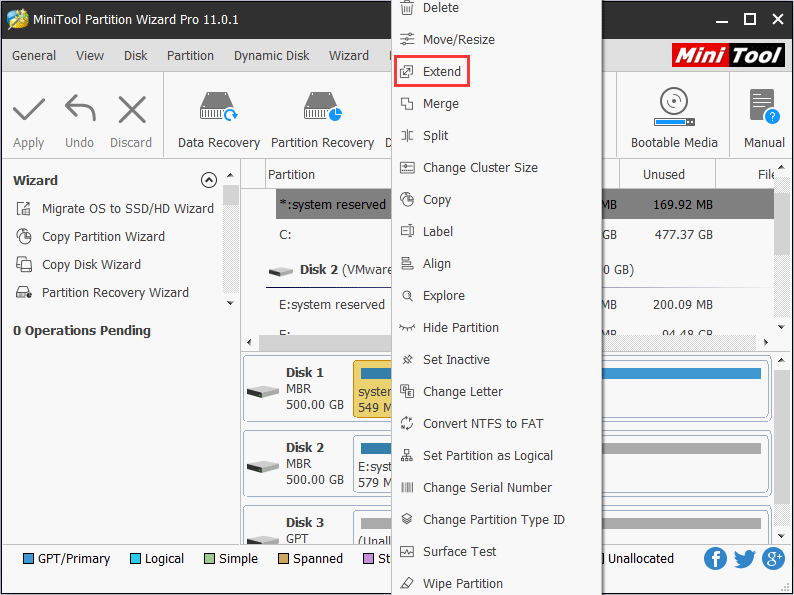 clique com o botão direito na partição a ser estendida e, por fim, clique no botão Estender