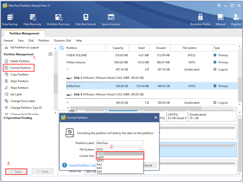 formatar USB para fat32 ou exFAT usando MiniTool Partition Wziard