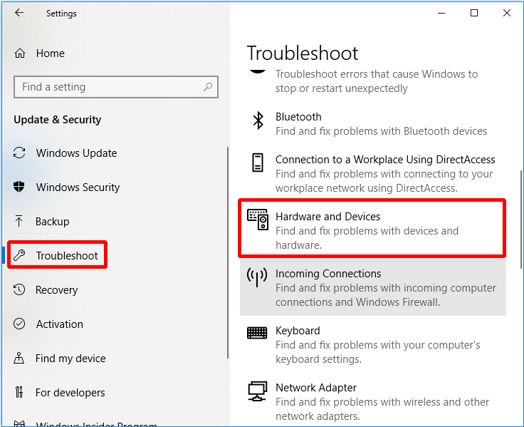 clique em Hardware e Dispositivos na opção Solucionar problemas