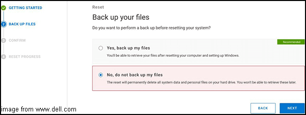 escolha fazer backup de arquivos ou não