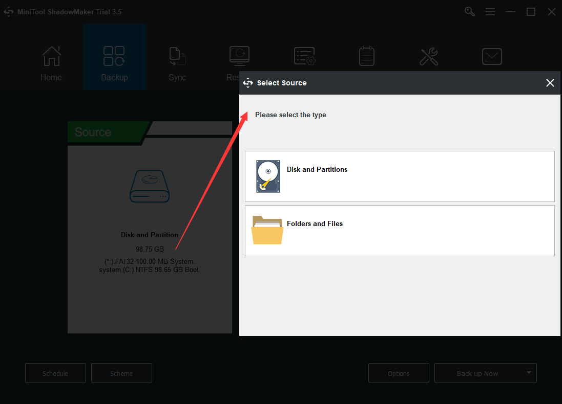 Selecione a fonte no MiniTool ShadowMaker