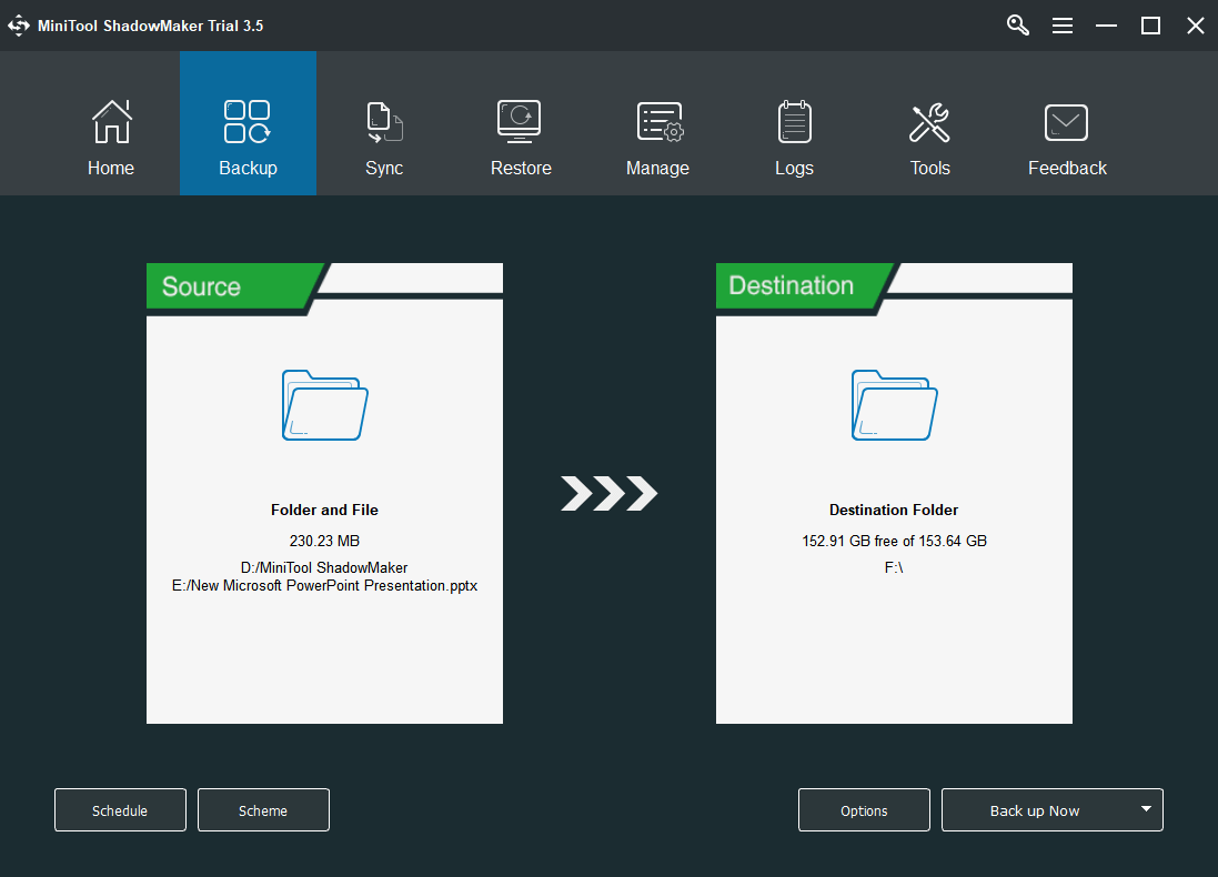 Visualização da tarefa de backup no MiniTool ShadowMaker