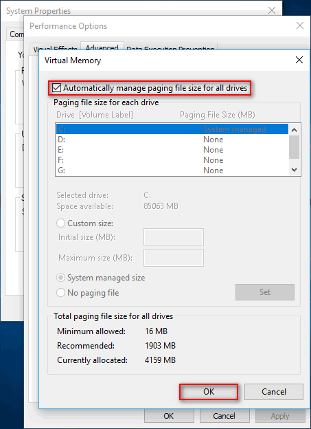 Gerencie automaticamente o tamanho do arquivo de paginação para todas as unidades