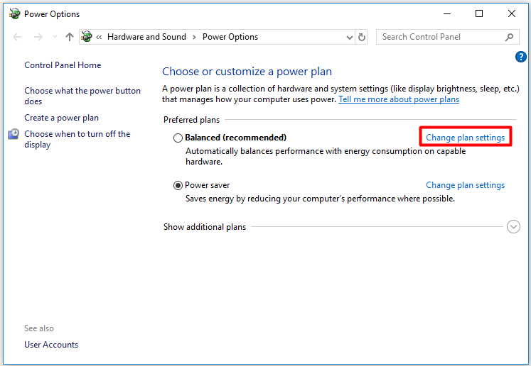 clique em Alterar configurações do plano