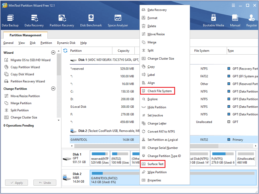 Verificar sistema de arquivos ou teste de superfície