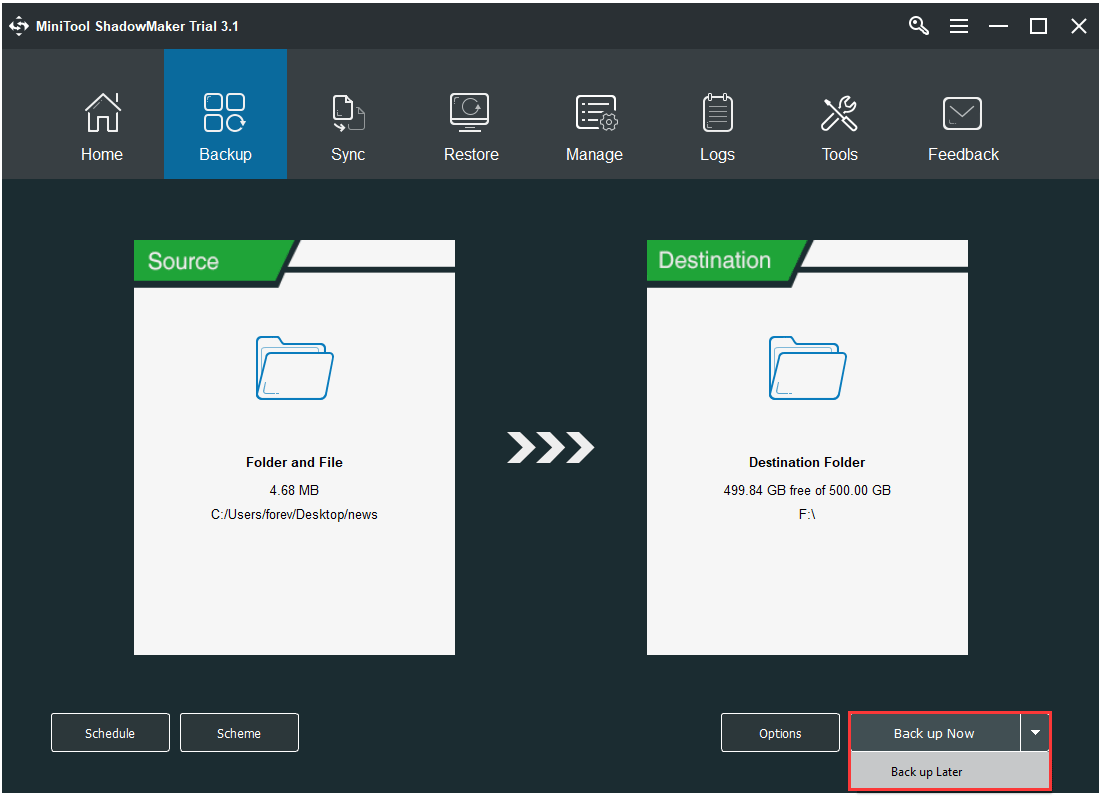 clique em Fazer Backup Agora para continuar