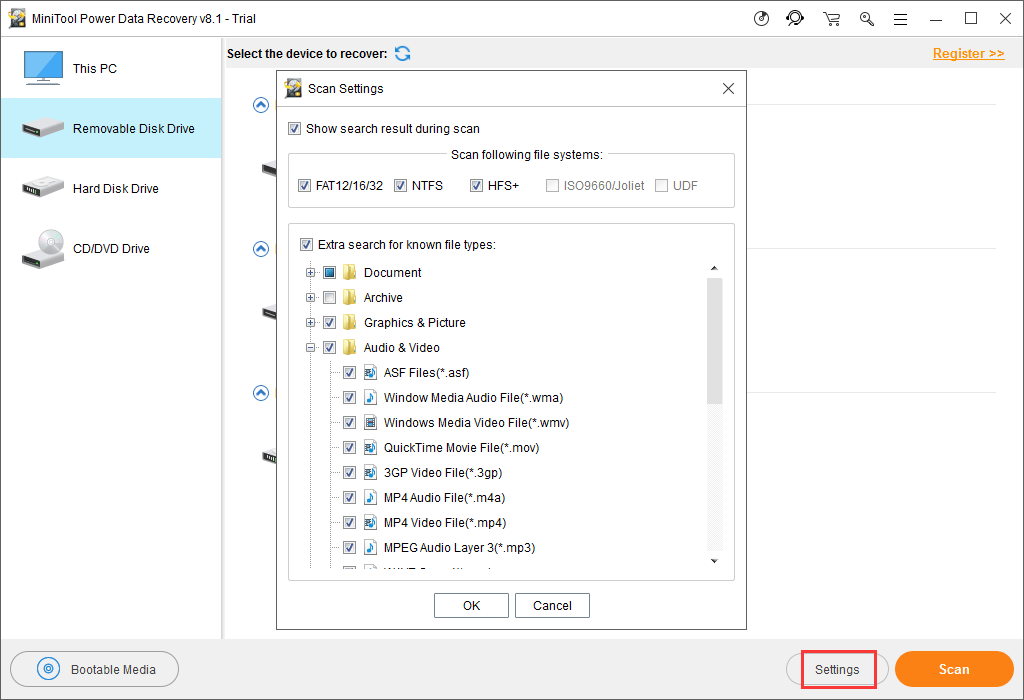 clique no recurso Configurações para fazer seleções de tipo de dados