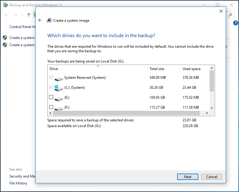 as partições do sistema estão incluídas no backup