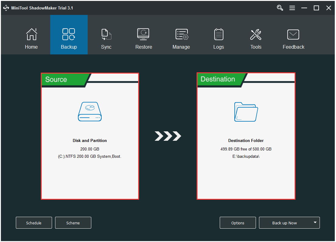 escolha a origem e o destino do backup para continuar