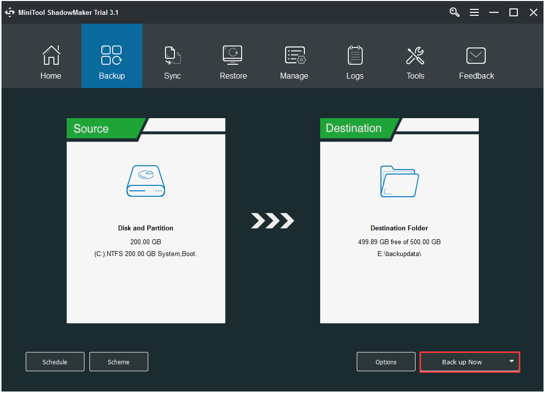 clique em Fazer backup agora para executar a ação de backup imediatamente