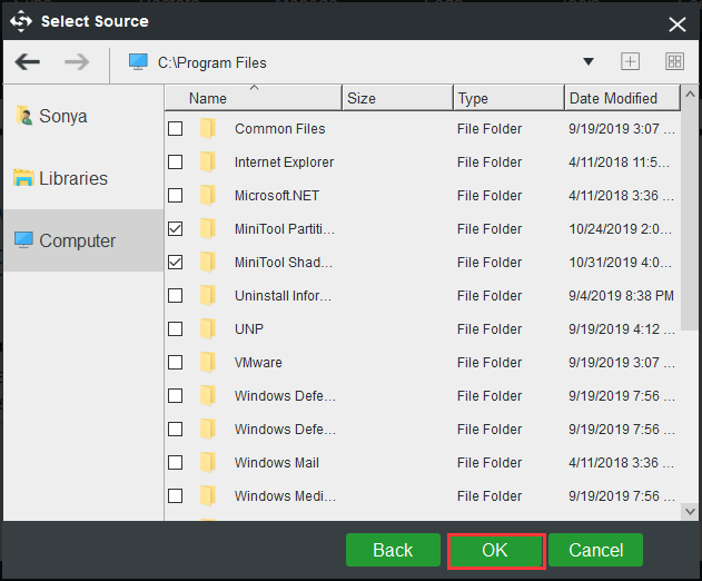 selecione os arquivos e pastas que você deseja fazer backup