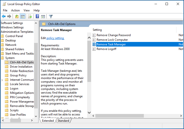 encontre a configuração de remoção do gerenciador de tarefas