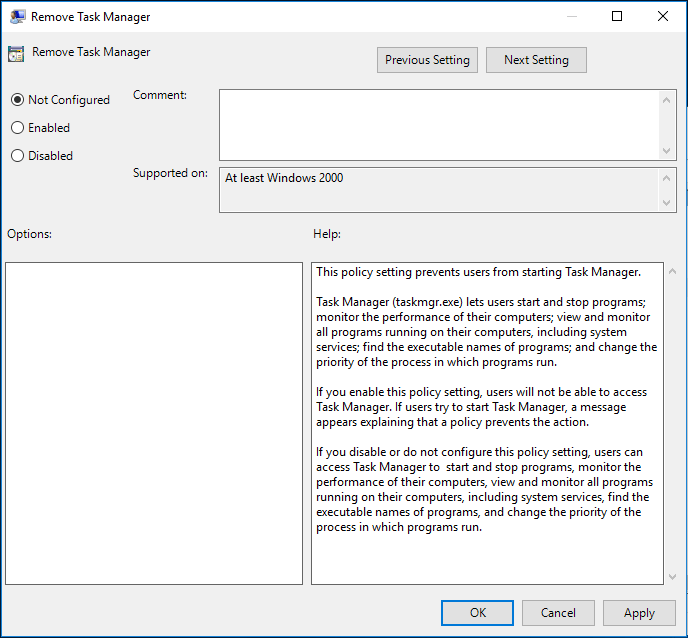 defina remover gerenciador de tarefas como não configurado