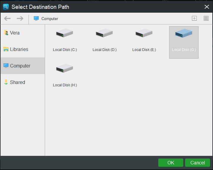 escolha um caminho de destino para a imagem de backup