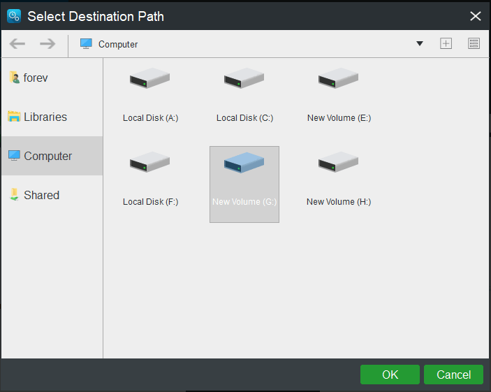 escolha Destino para escolher o disco de destino do backup