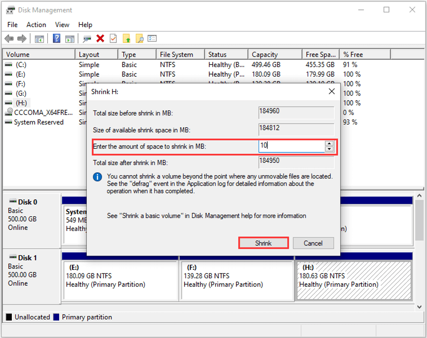 reduzir a partição no Gerenciamento de disco