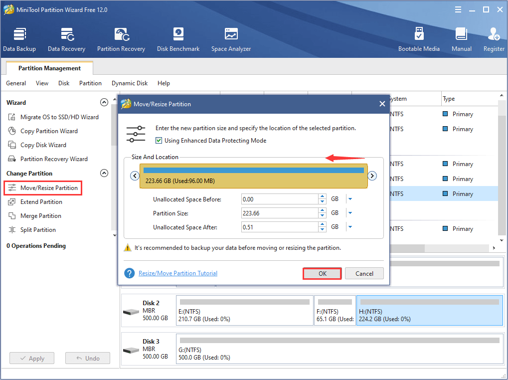 reduza a partição usando o MiniTool Partition Wizard