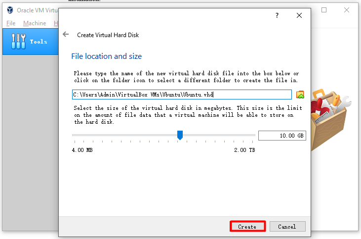 configure o tamanho e clique em criar