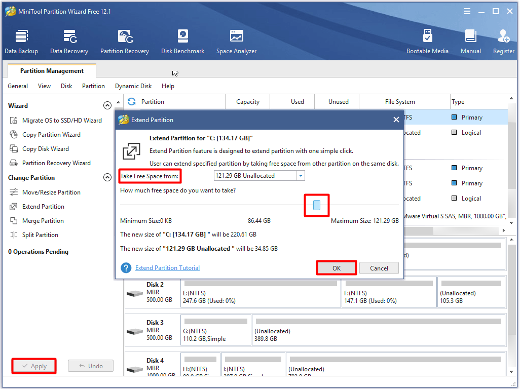 defina as configurações de extensão da partição e execute a operação