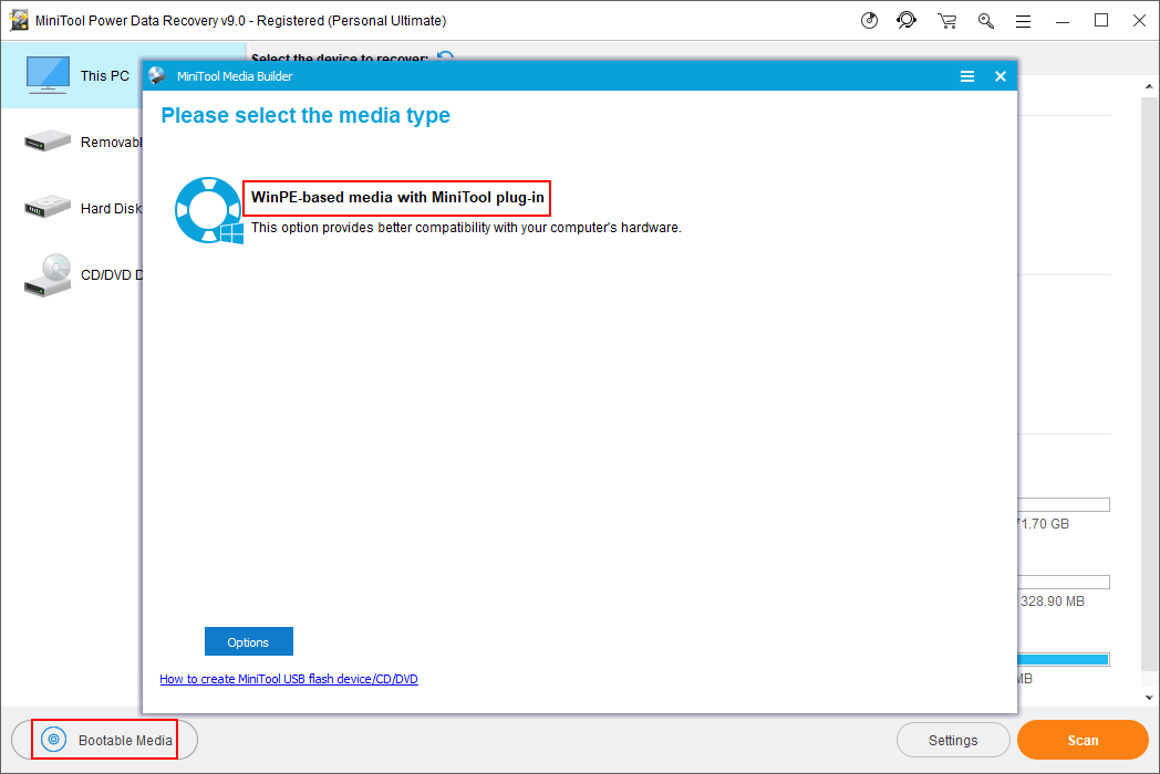 Mídia baseada em WinPE com plug-in MiniTool