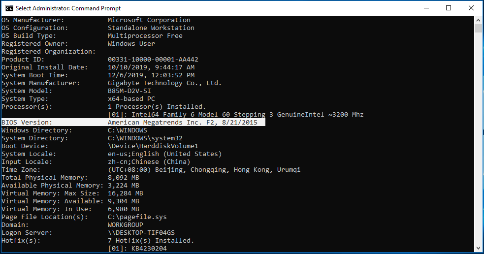 execute o comando systeminfo