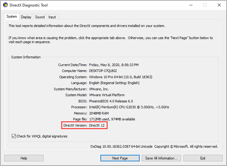 verifique a versão do DirectX