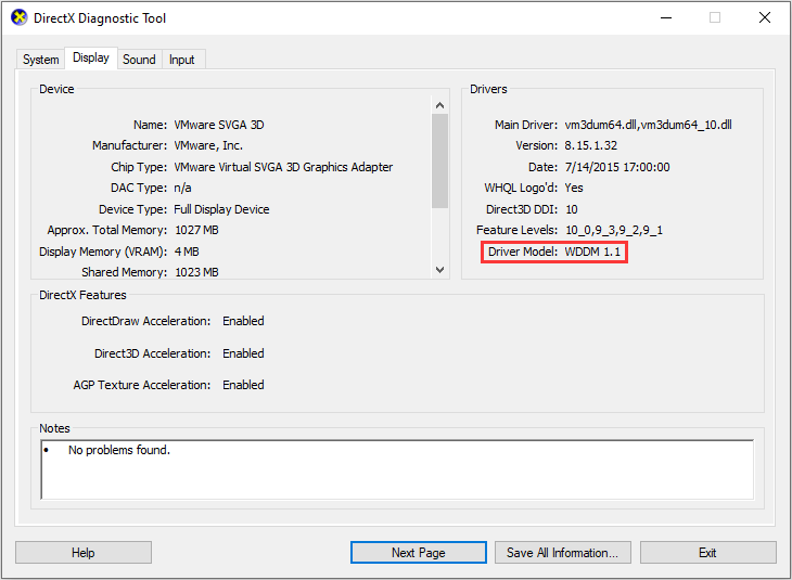 verifique a versão WDDM