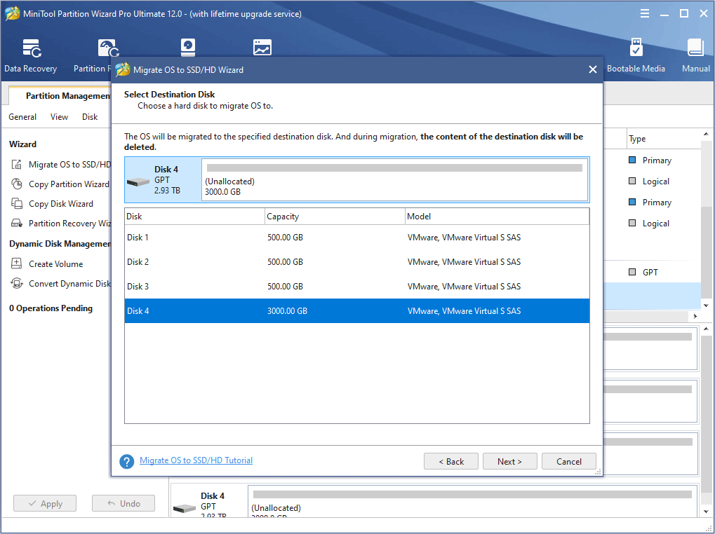 escolha um disco de destino para migrar o SO para